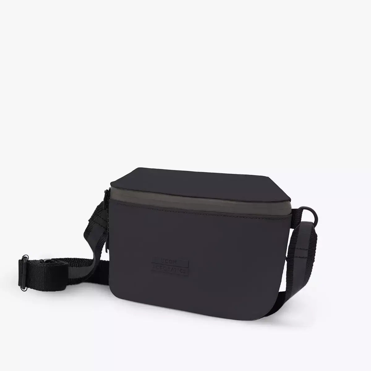 Jona Lotus Aloe Black Bum Bag with zippered compartments and sleek design, made from recycled materials.