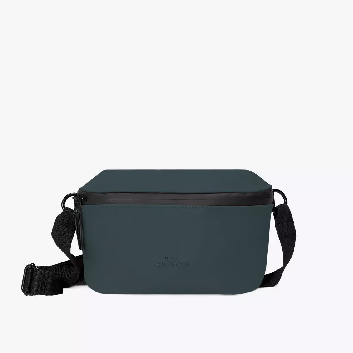 Jona Lotus Infinity Forest Bum Bag in dark green with adjustable strap and zipper pockets.