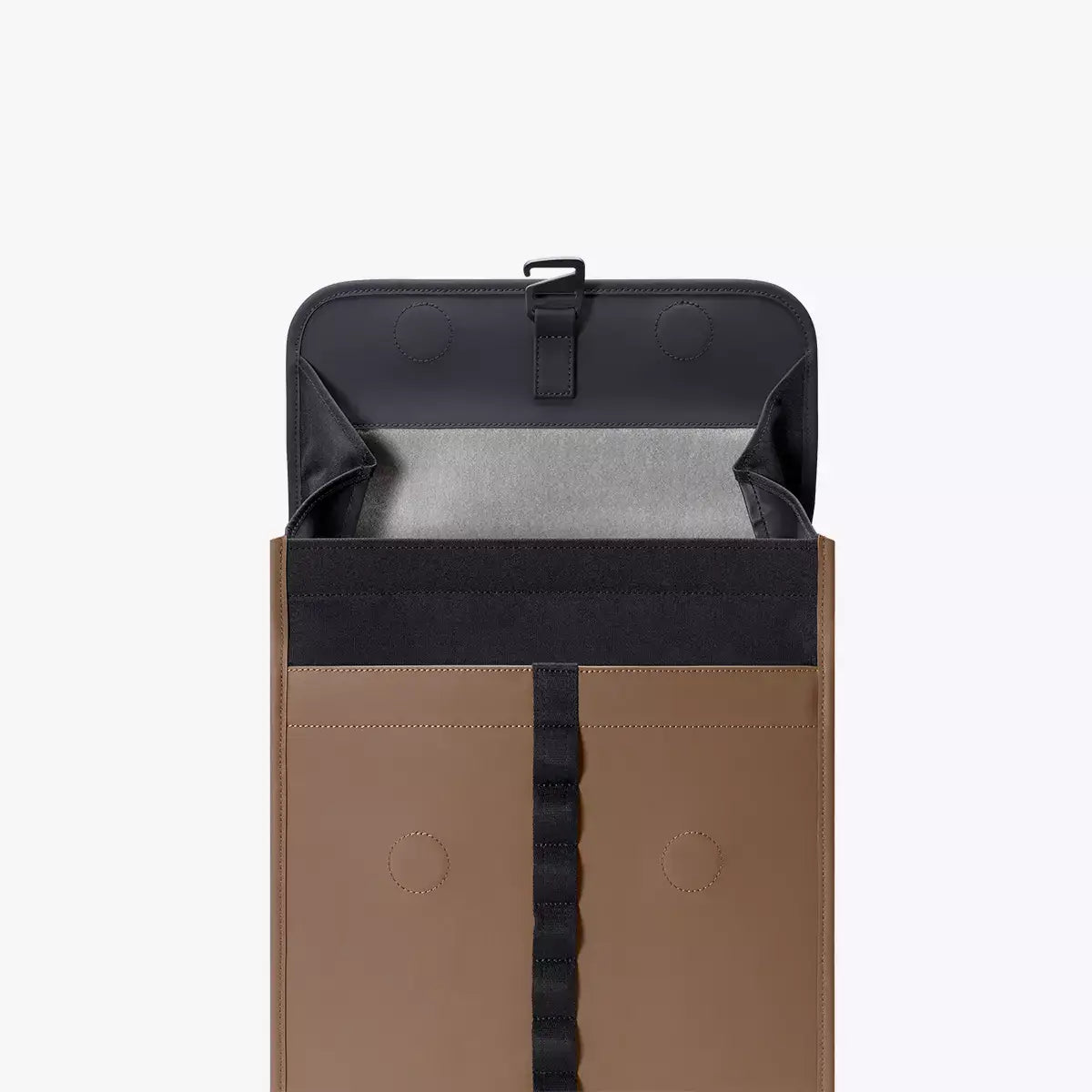 Kumo Medium Lotus Infinity Black Chestnut Backpack open view with interior pocket and magnetic closure.