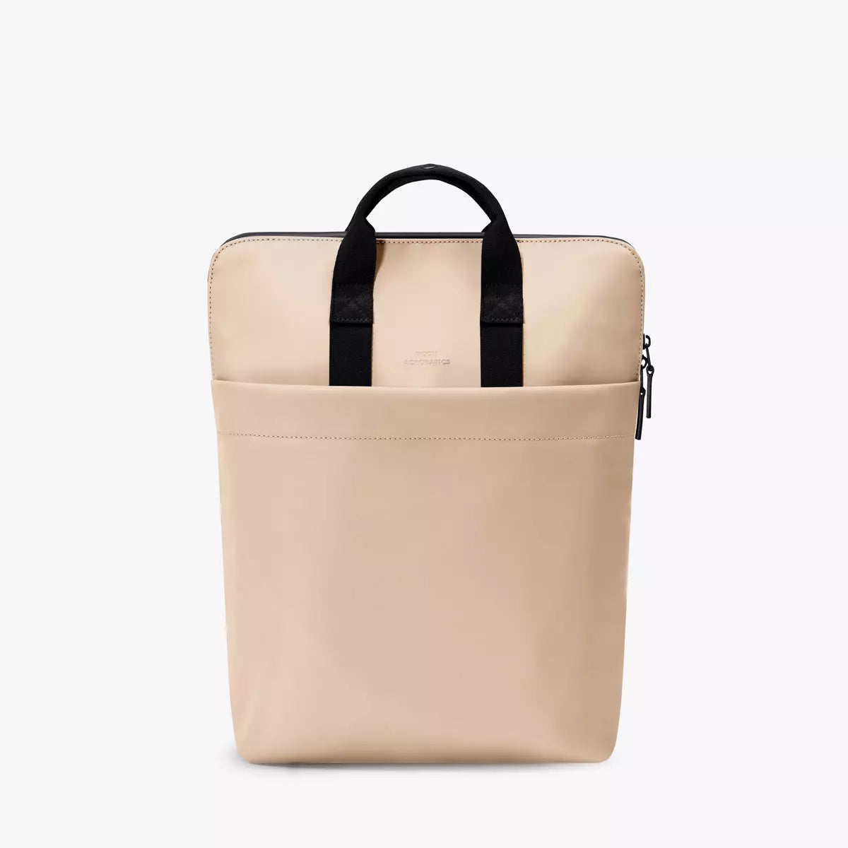 Masao Lotus Light Almond Backpack in light beige with black straps and zipper closure, ideal for work or travel.