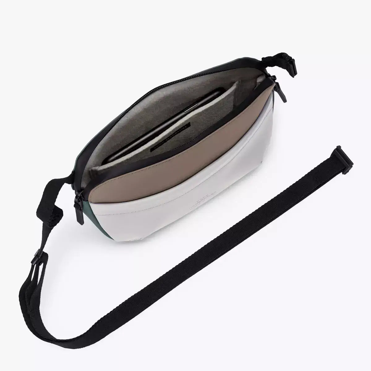 Melvin Medium Lotus Infinity Dark Sand Glacier Grey Bum Bag showing interior pockets and adjustable strap.