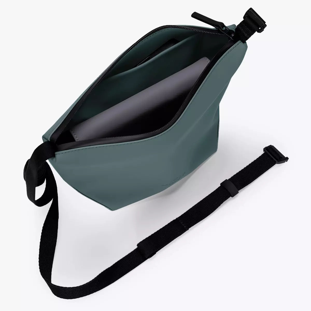 Nola Lotus Pine Green Shoulder Bag interior view with zipped compartment and adjustable strap