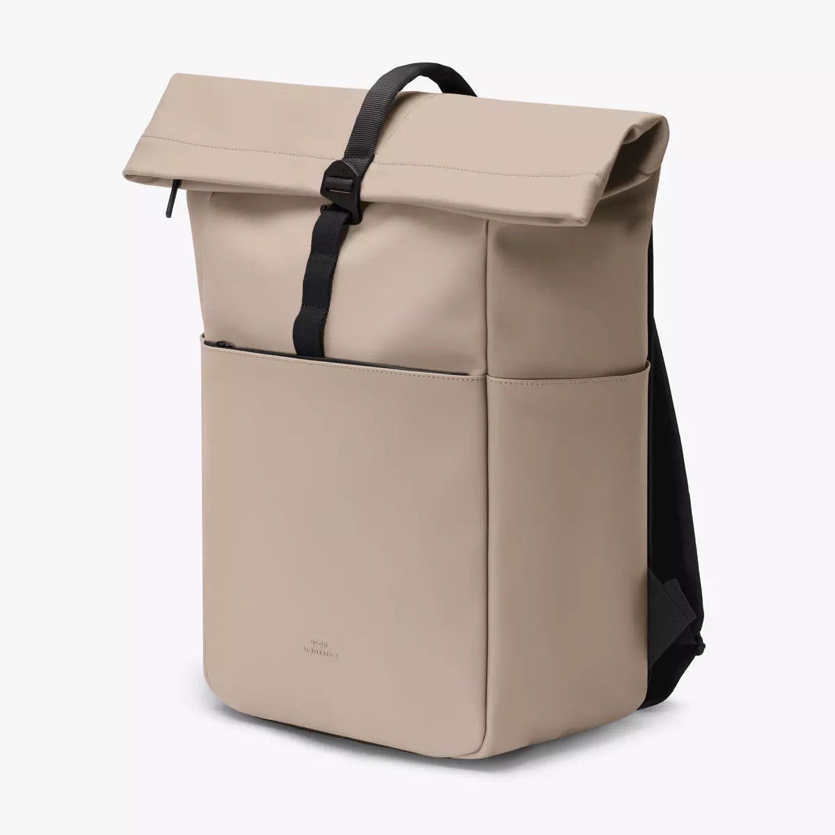 Yuto Medium Lotus Infinity Sand Backpack in beige with roll-top closure and front pocket.