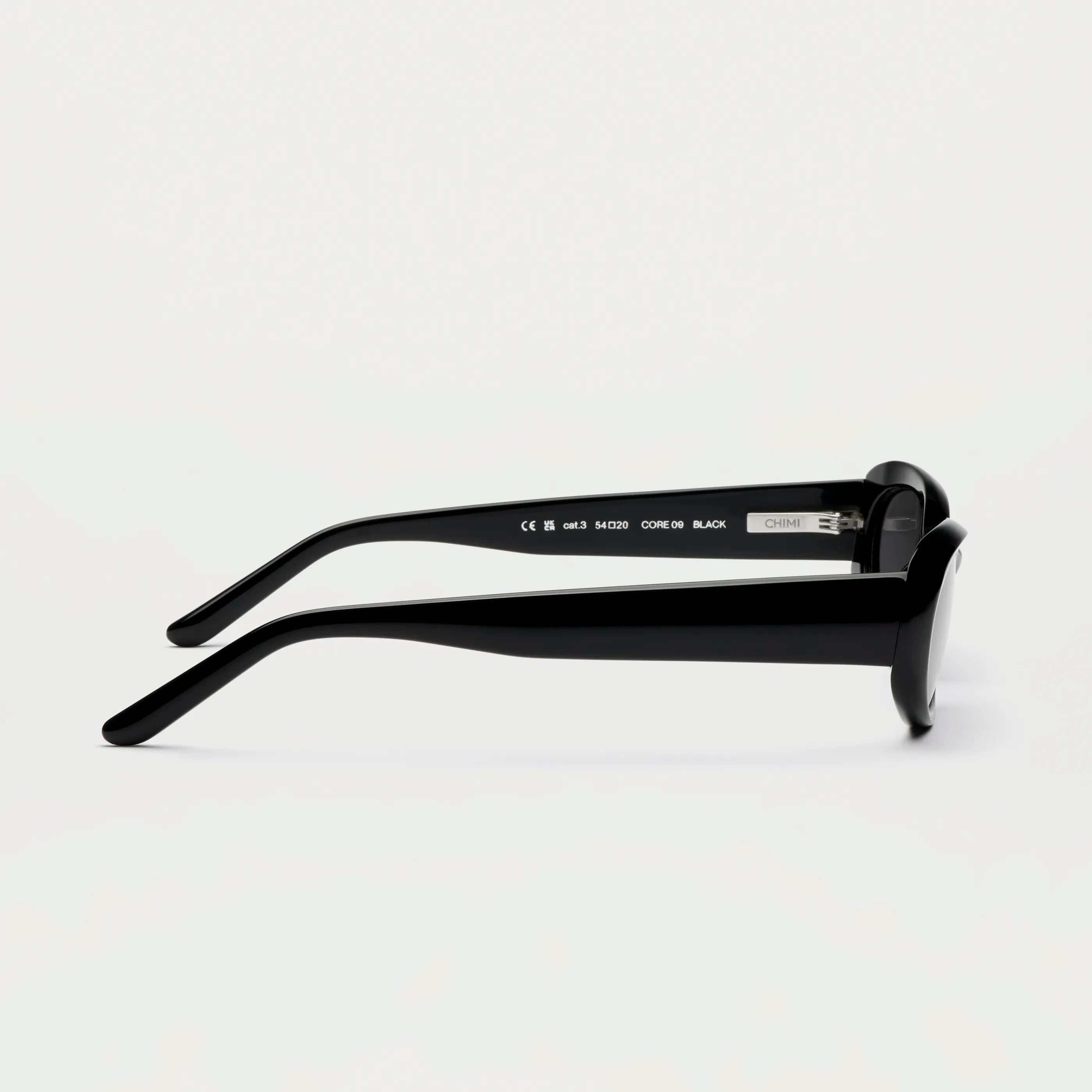 09 Core Black Sunglasses side view showcasing the sleek design and durable Acetate materials.