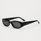 Note Black Sunglasses with stylish black frames and dark lenses, ideal for small to medium heads, includes case and cleaning cloth.