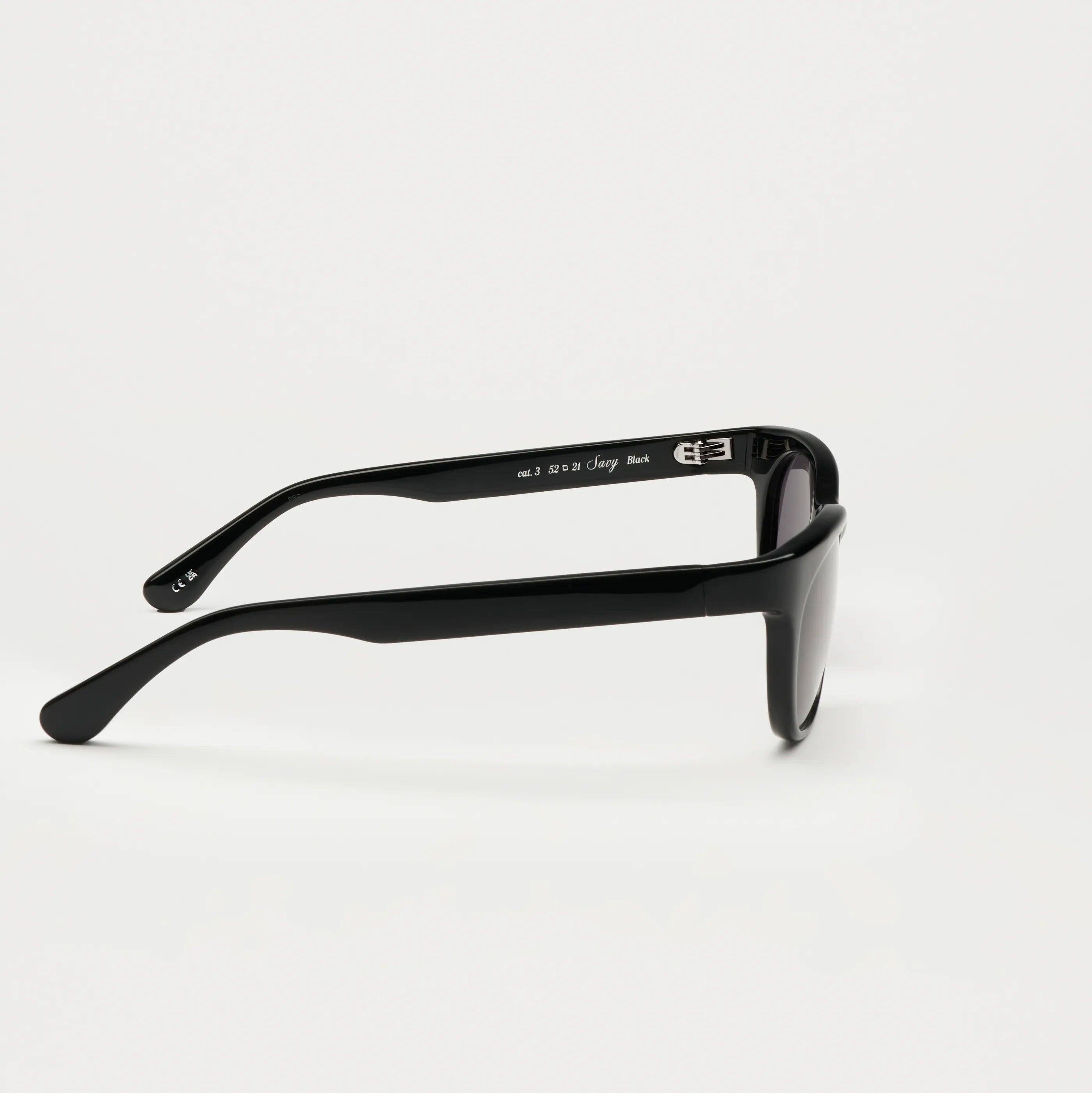 Savy Black Sunglasses side view showcasing sleek design and durable Acetate material.