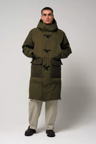 Barack Dark Olive Green Parka displayed on a model, showcasing its waterproof and windproof features.