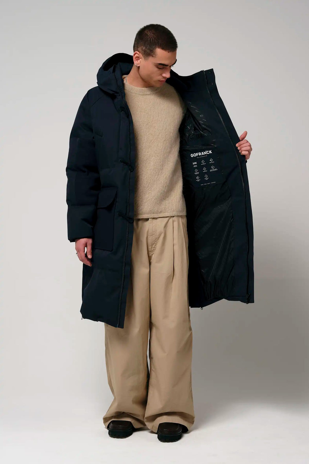 Barack Sky Captain Blue Parka showcased on a model with an open design, demonstrating its waterproof and breathable features.