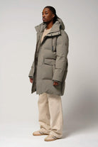 Climate Timber Wolf Grey Coat worn by a model, showcasing its waterproof and breathable features.