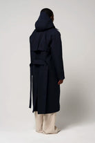Gale Sky Captain Blue Parka showcasing the back view with a detachable hood and waist belt.