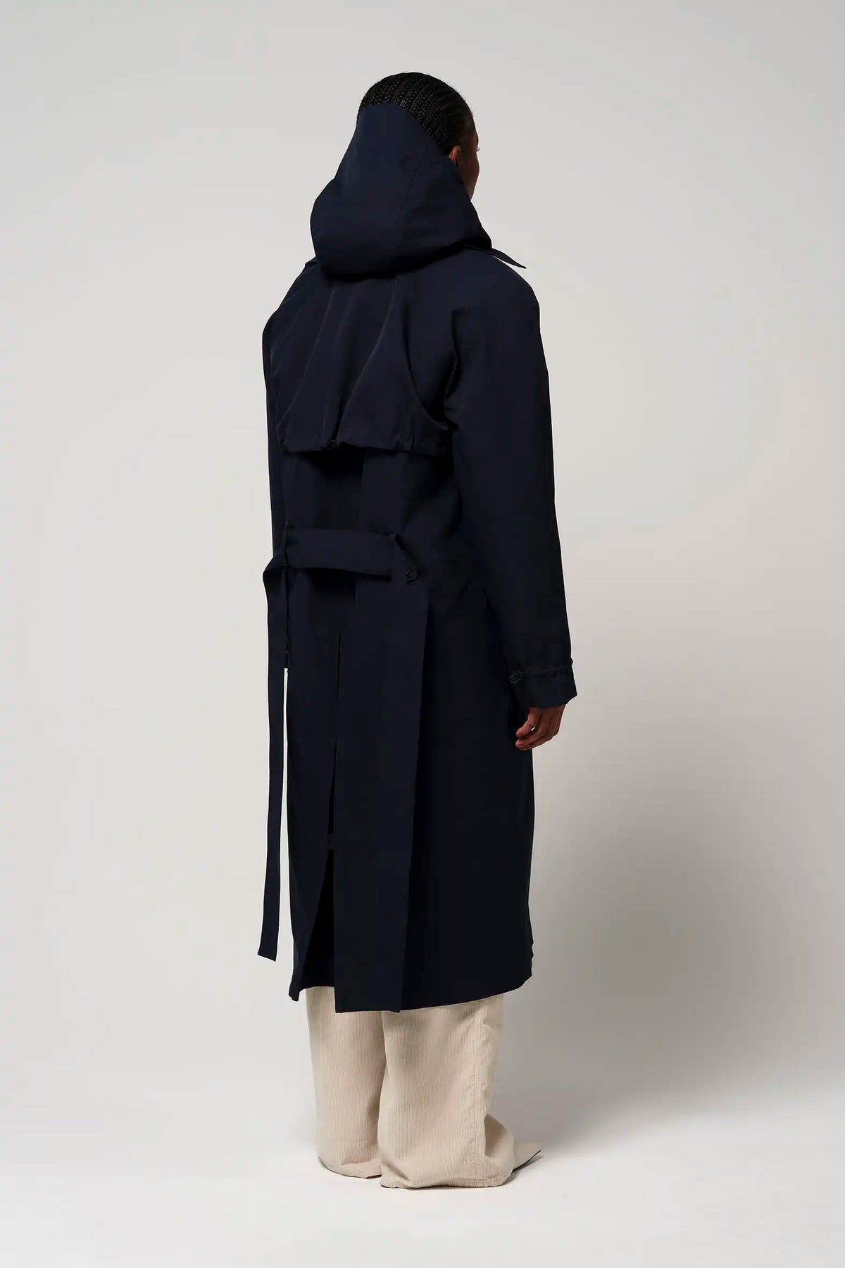 Gale Sky Captain Blue Parka showcasing the back view with a detachable hood and waist belt.