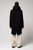 Back view of the Raiden Deep Black Parka showcasing its stylish design and adjustable hood.