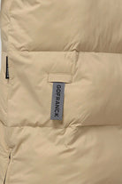 Tsunami Fields of Rye Beige Coat close-up showing fabric details and GOFRANCK tag.