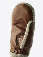Close-up of Hestra Jeanne Mitt Light Brown Gloves showcasing leather and wool design.