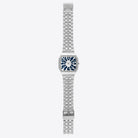Max Flower Silver Moon Blue Watch on stainless steel wristband with blue dial and interchangeable strap.