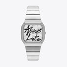 Max Late Silver Moon Watch with stainless steel band and interchangeable strap, featuring a unique design.