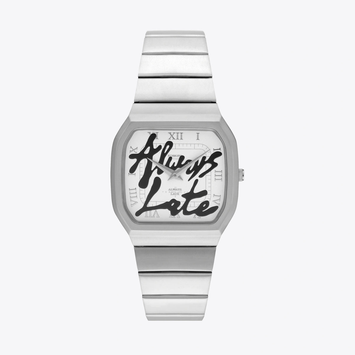 Max Late Silver Moon Watch with stainless steel band and interchangeable strap, featuring a unique design.