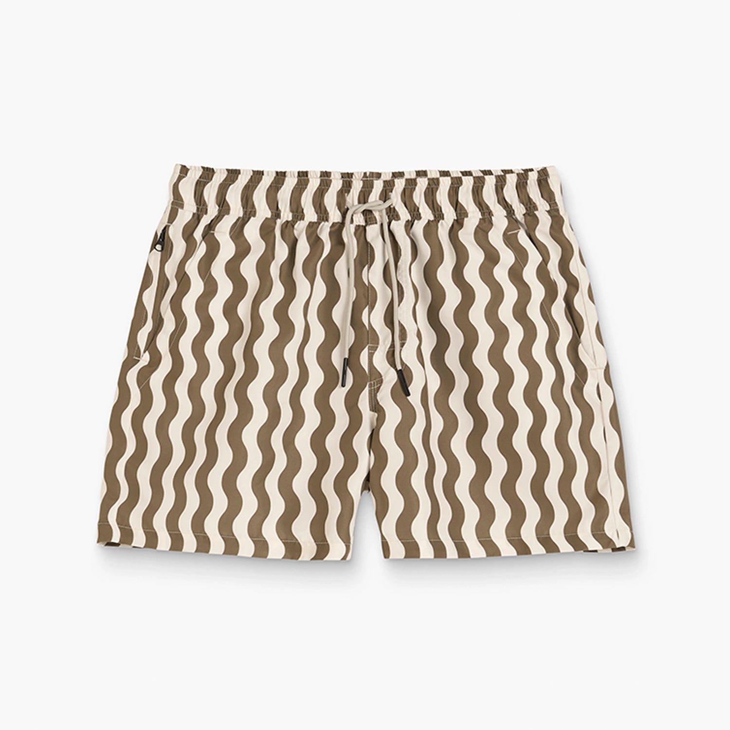 Fine Waver Swim Shorts in brown wave pattern, lightweight, quick-drying with four pockets and elastic waist