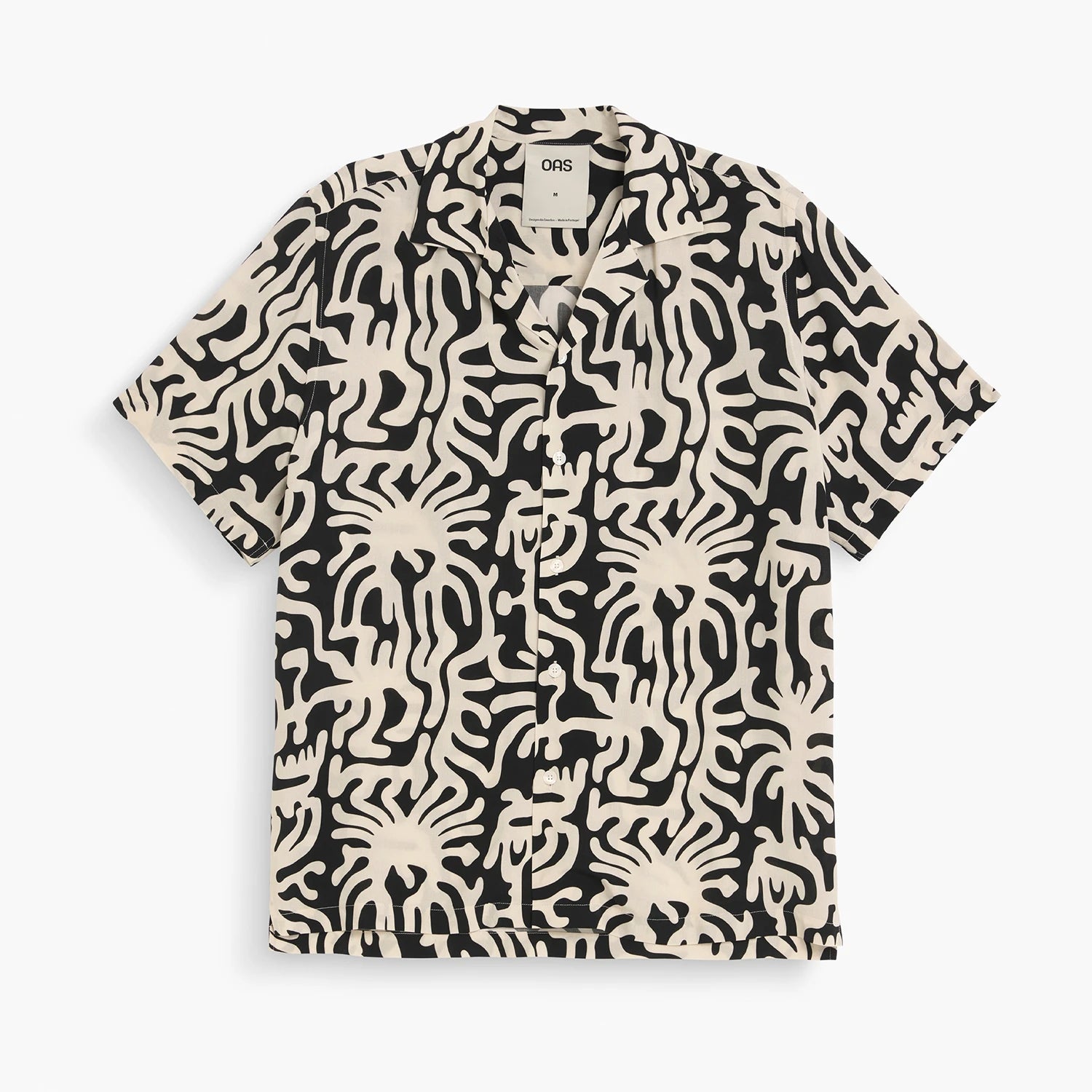 Loefy Rocco Shirt features a black and beige abstract pattern, perfect for warm weather and stylish relaxation.
