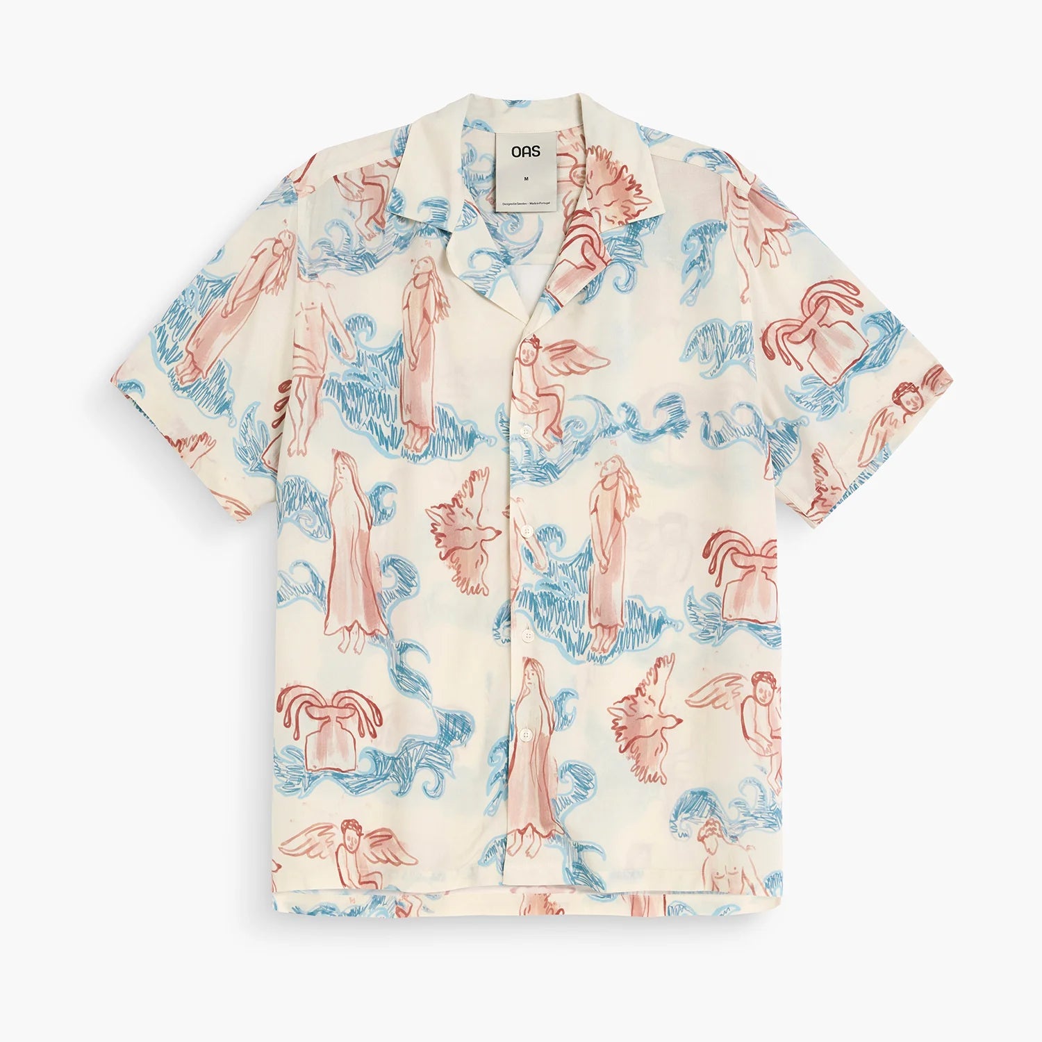 Lorien Rocco Shirt featuring a unique design with angels and waves, ideal for warm weather, made from silky soft viscose.