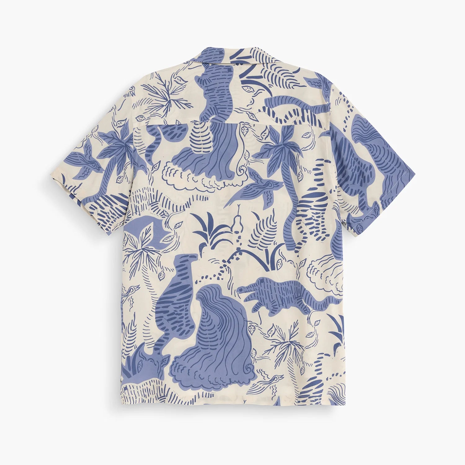 Back view of the Mystea Rocco Shirt featuring a vibrant blue and cream tropical print.