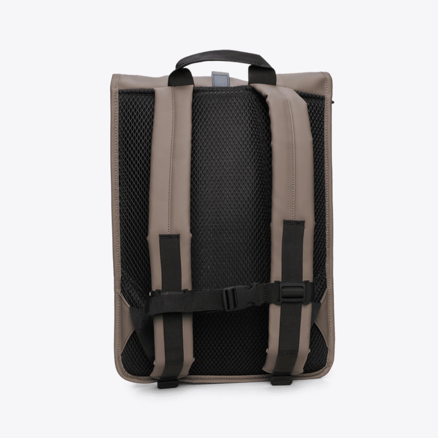 Back view of Rolltop Rucksack Cinder Backpack showing padded straps and breathable mesh design.