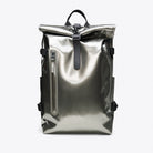 Rolltop Rucksack Large Raven Backpack in silver color with waterproof roll-top closure and front pocket.