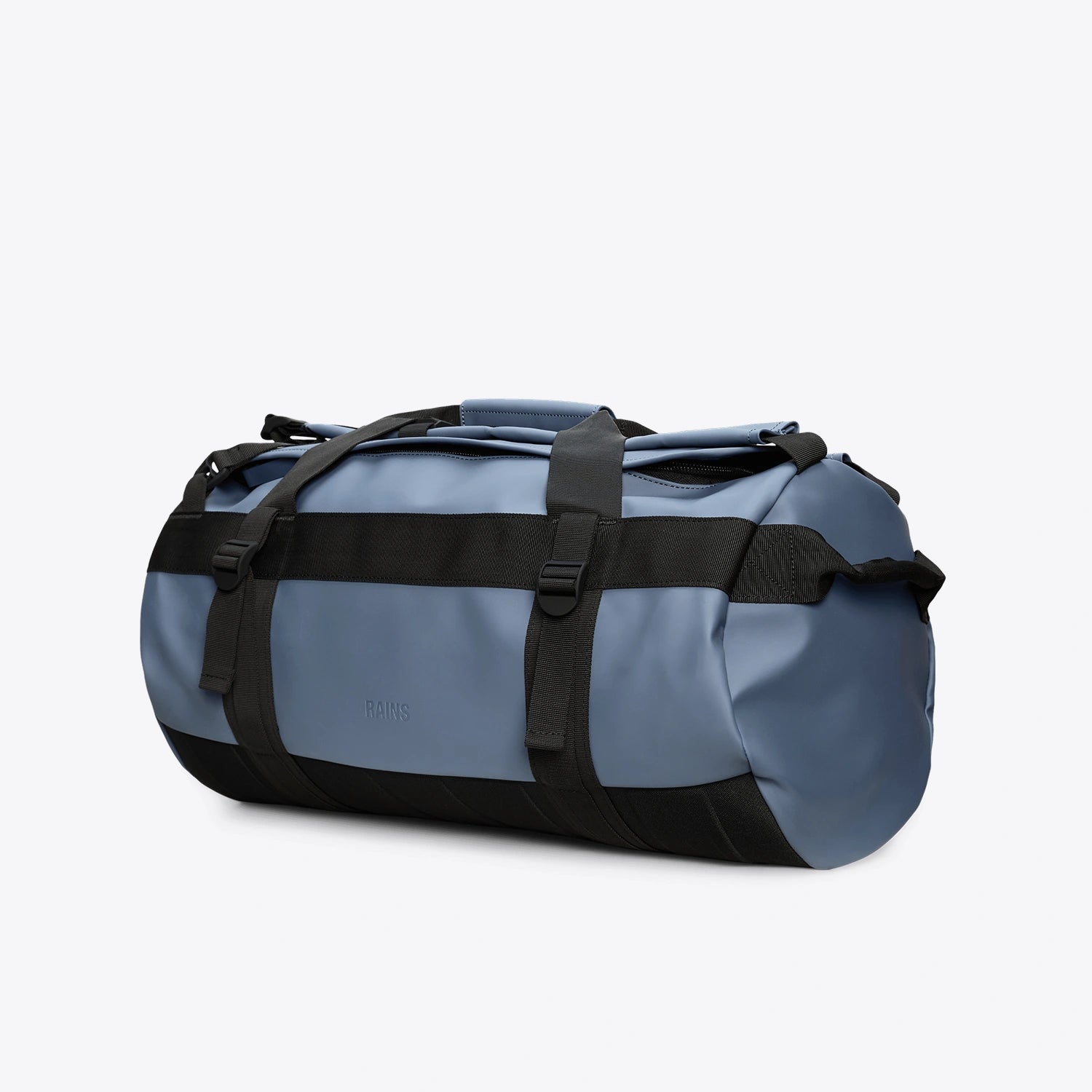 Texel Duffel Bag Small Blue Dusk Duffel Backpack side view, waterproof and adjustable straps, perfect for travel.