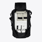 Texel Duffel Bag Small Blue Dusk Duffel Backpack interior view showing organized compartments and adjustable straps