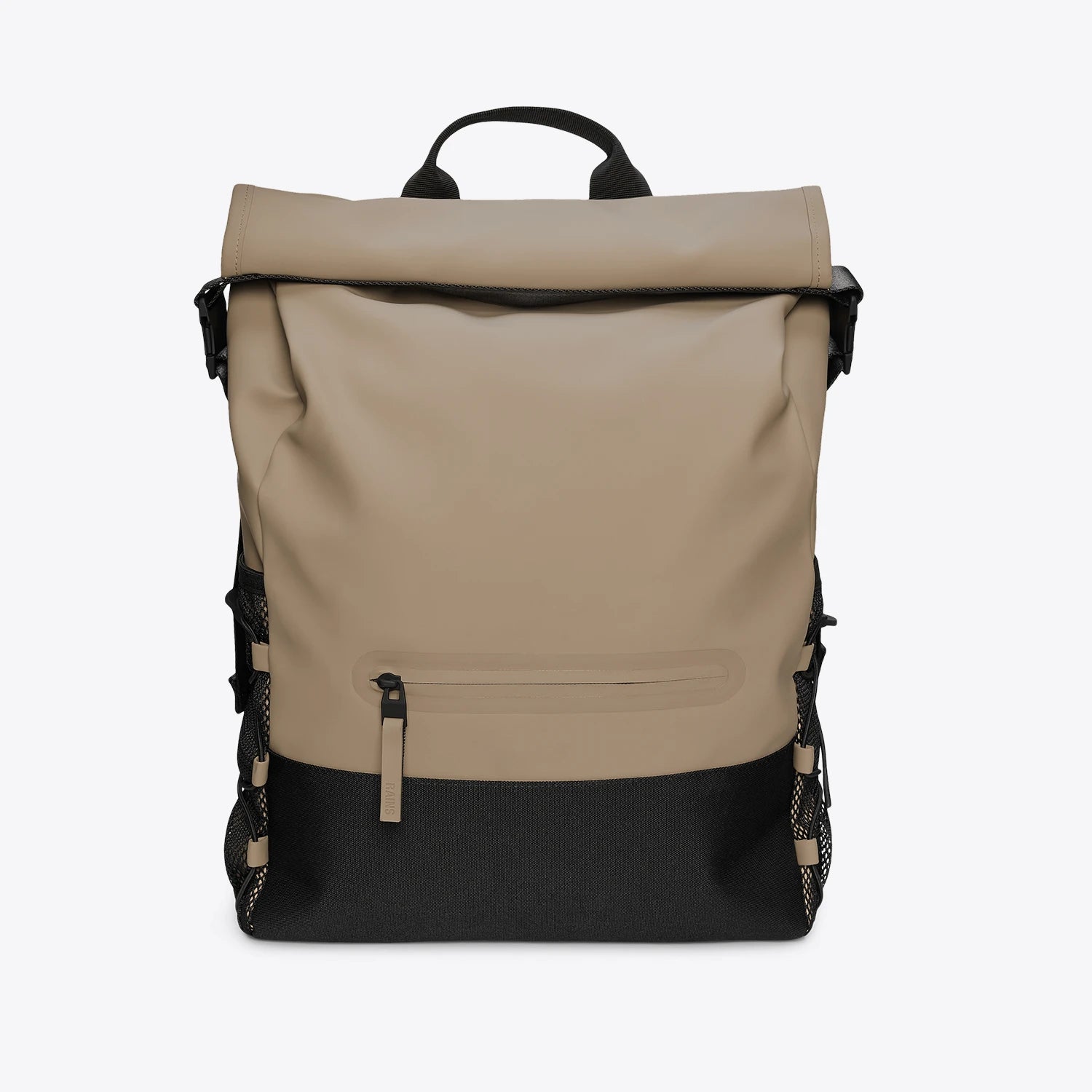 Trail Mountaineer Rolltop Beige Backpack with waterproof design and roll-top closure.