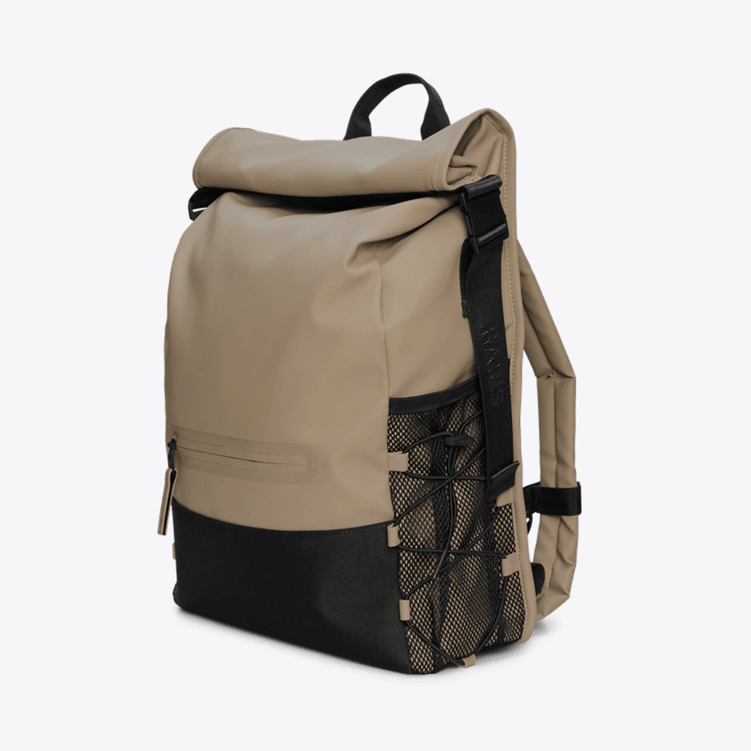 Trail Mountaineer Rolltop Beige Backpack showcased in a side view, featuring roll-top closure and padded straps.