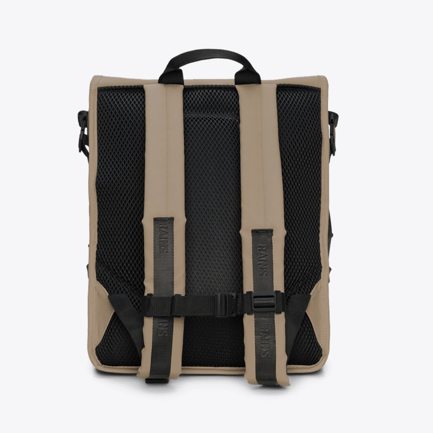 Back view of the Trail Mountaineer Rolltop Beige Backpack featuring padded shoulder straps and breathable mesh.