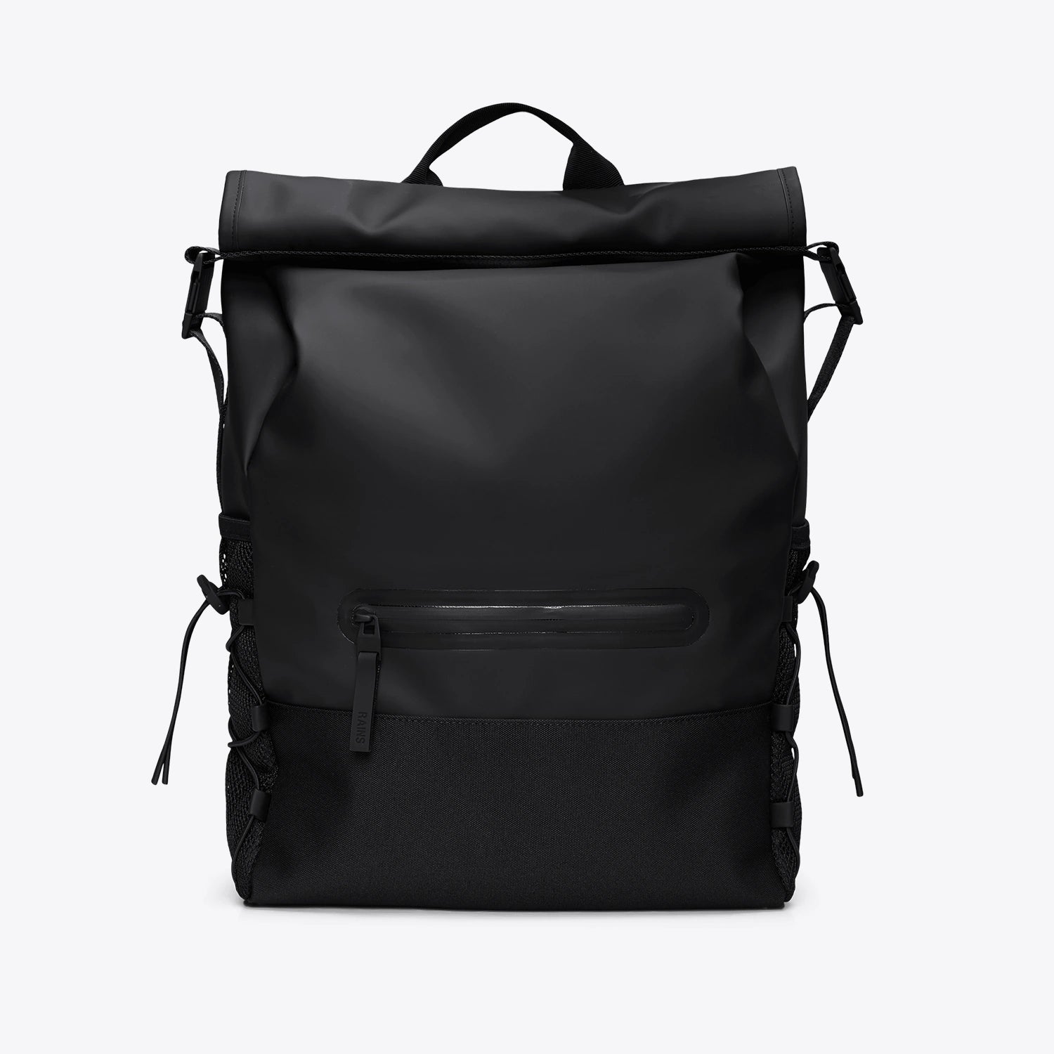Trail Mountaineer Rolltop Black Backpack with waterproof design and front zip compartment.