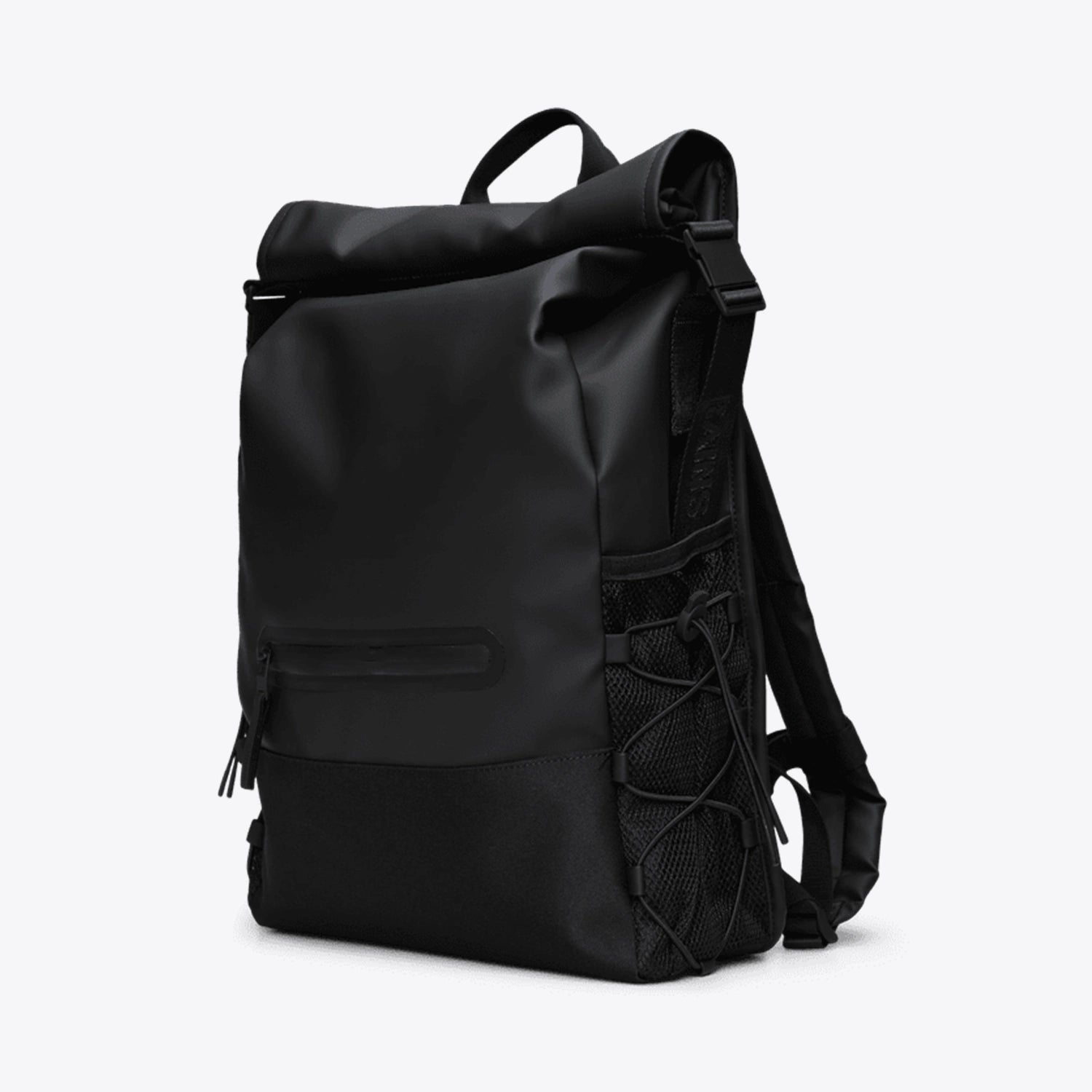Trail Mountaineer Rolltop Black Backpack featuring waterproof material and roll-top closure.