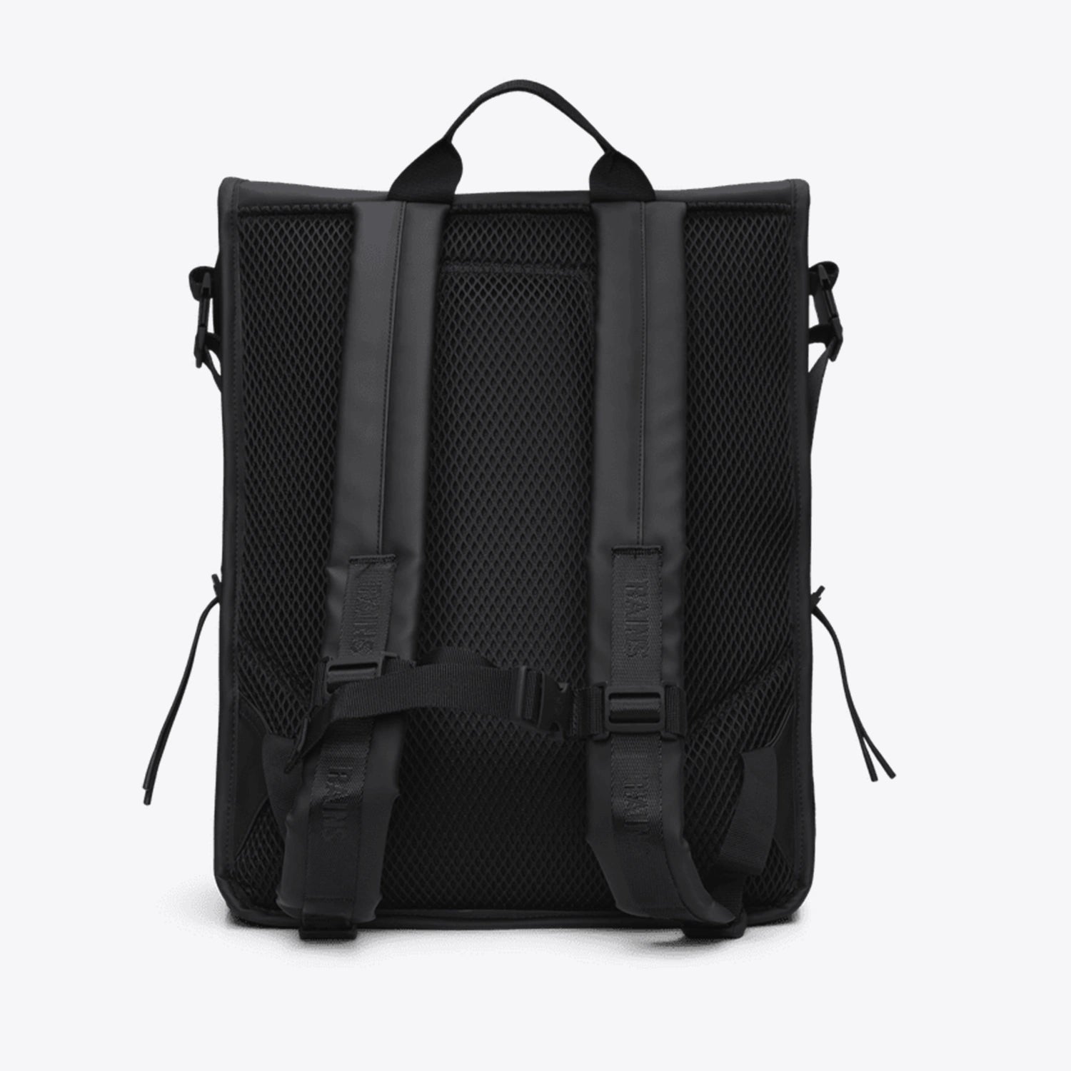 Back view of the Trail Mountaineer Rolltop Black Backpack showcasing padded shoulder straps and mesh back.