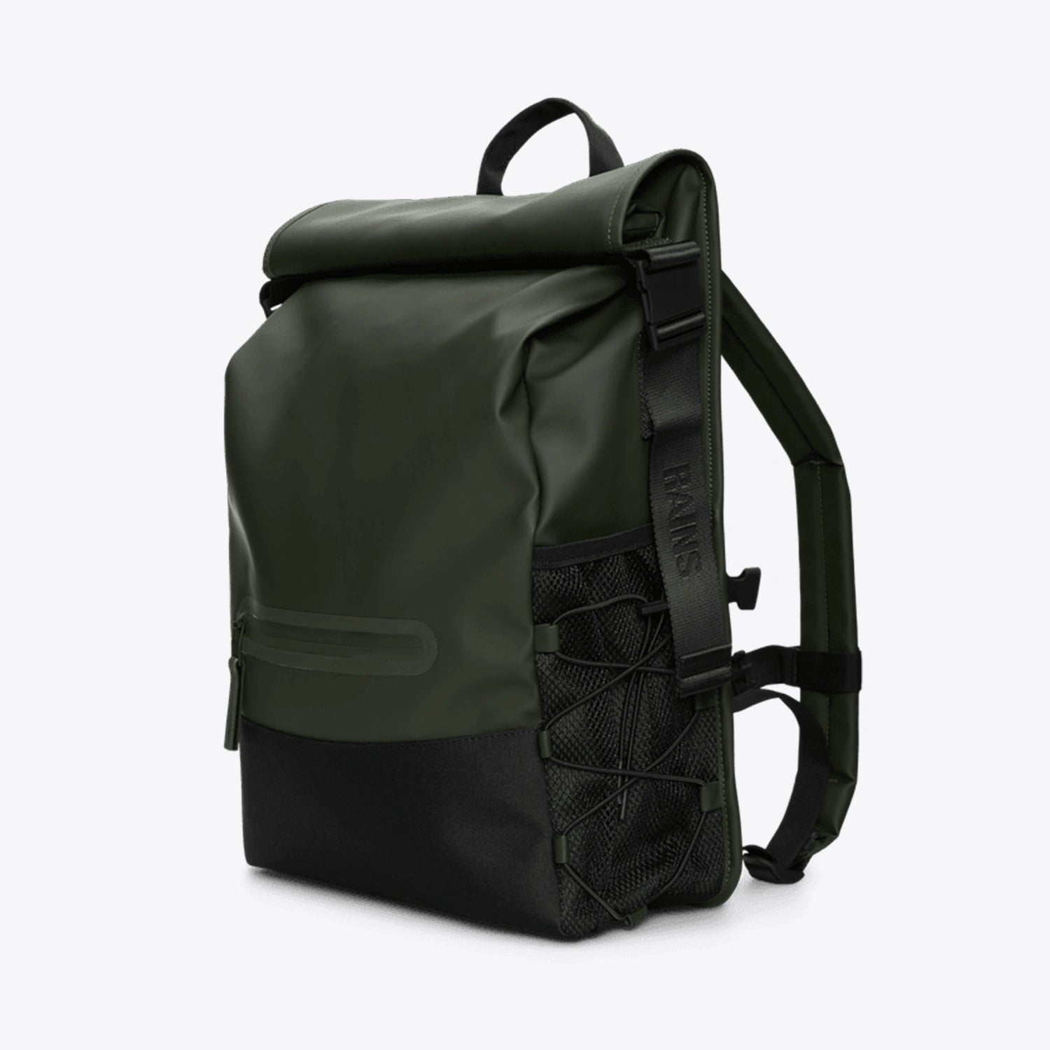 Trail Mountaineer Rolltop Green Backpack showcasing waterproof design and side pockets.