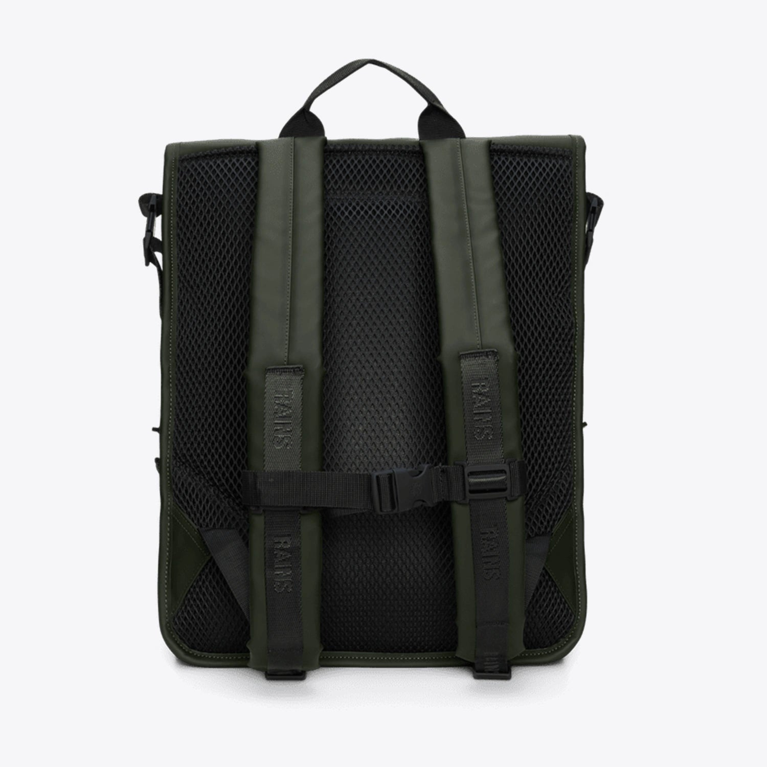 Back view of the Trail Mountaineer Rolltop Green Backpack showing padded straps and mesh back panel.