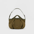 Grid Crossbody Bag Olive Shoulder Bag in durable recycled nylon ripstop with adjustable strap and expandable design.