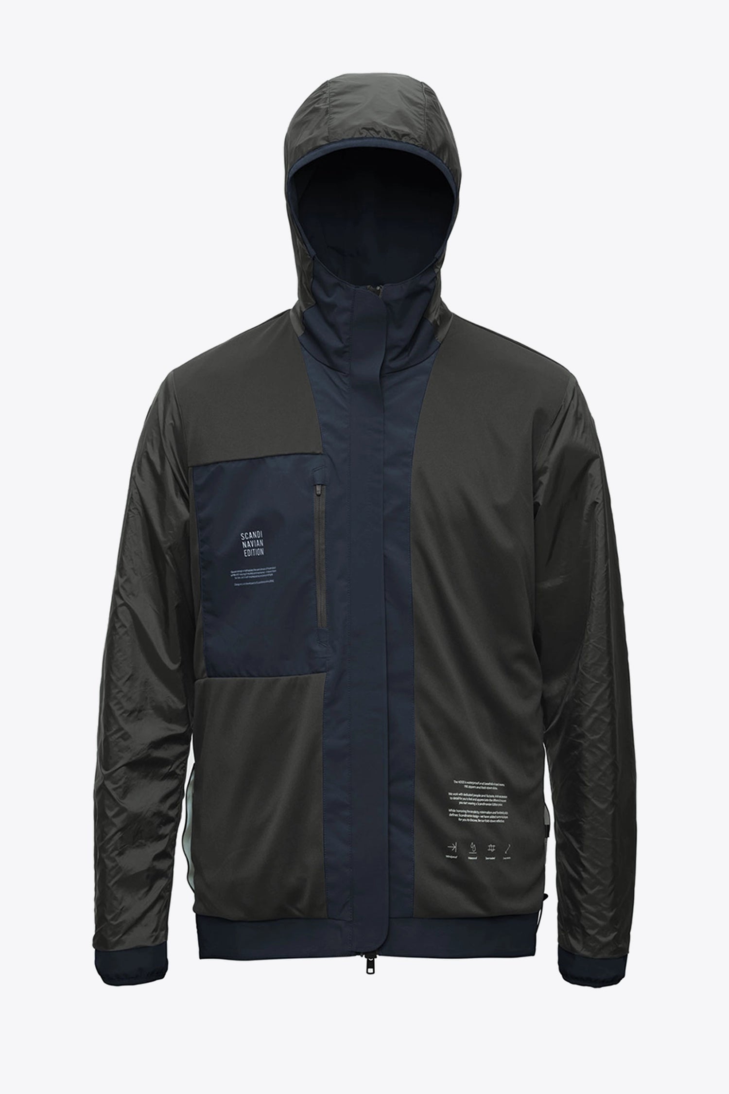 Hood II Midnight Jacket in dark colors, showcasing the lightweight and waterproof design, ideal for spring to autumn.