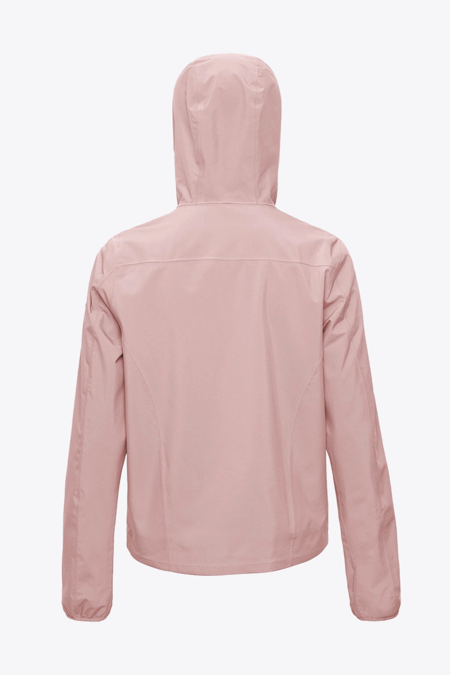 Back view of the Veil II Flush Pink Jacket showcasing its hood and lightweight design.