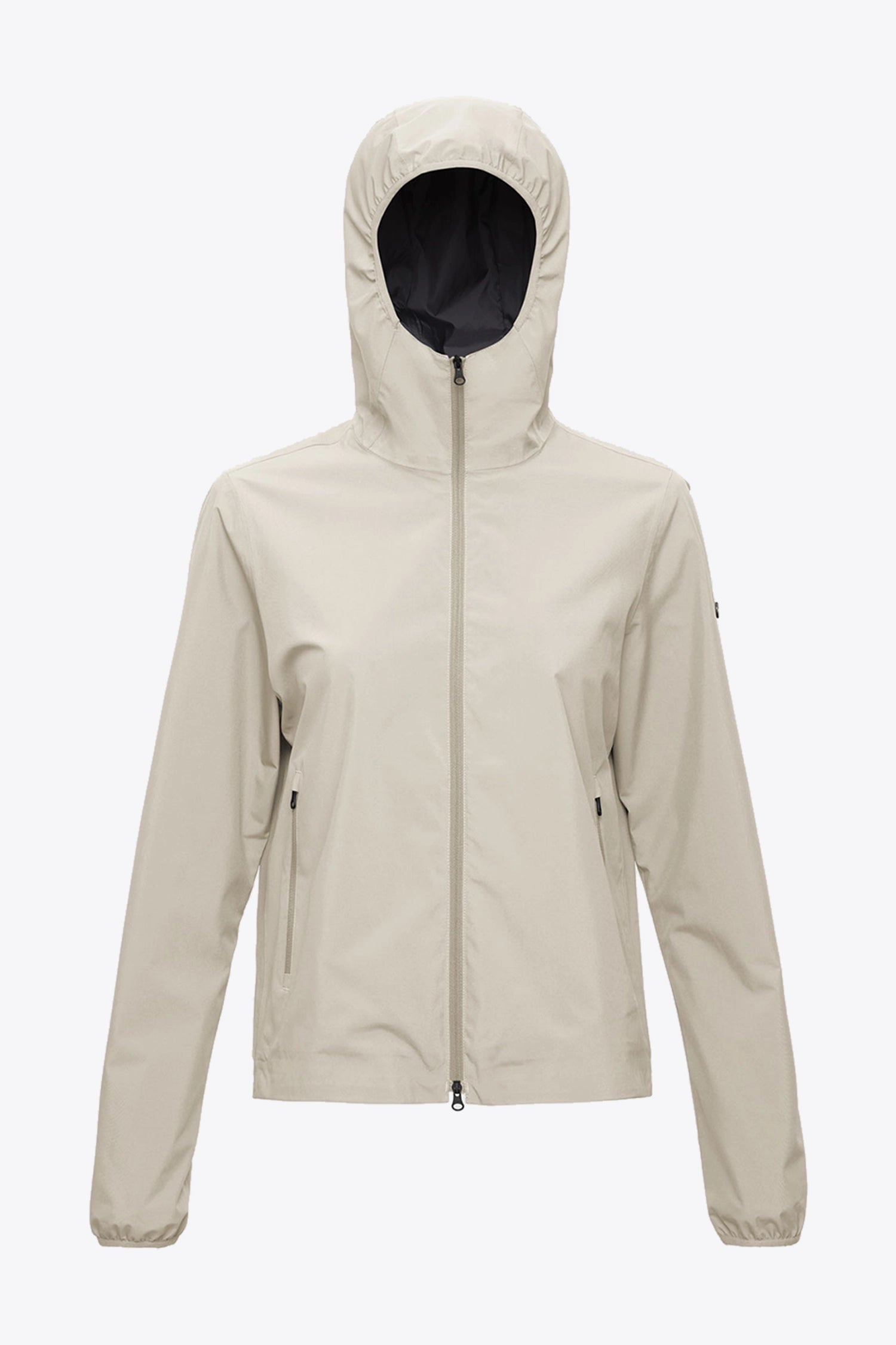 Veil II Khaki Jacket displayed front view with hood, lightweight and waterproof design for spring and autumn.