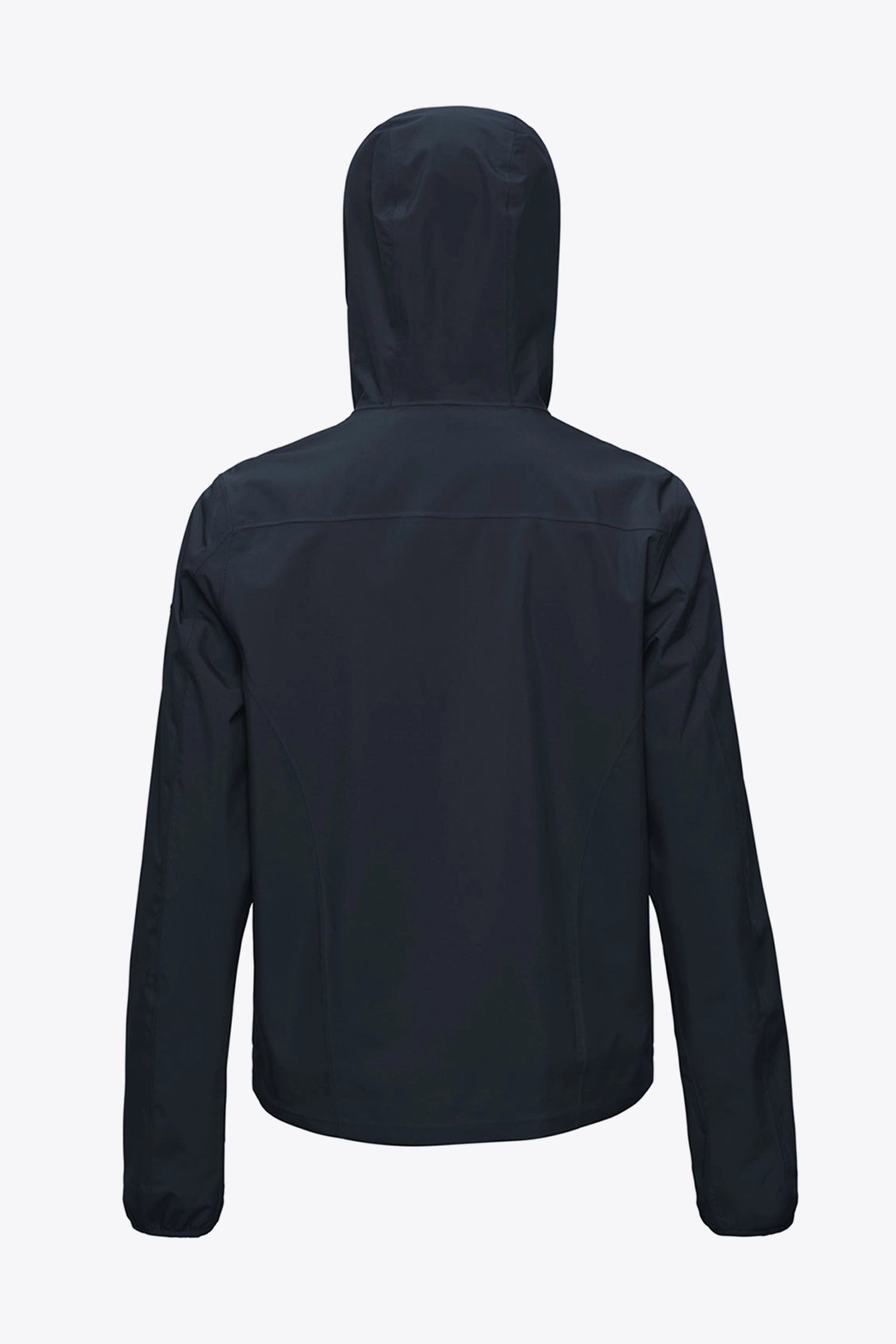 Back view of the Veil II Midnight Jacket showing its hood and sleek design.