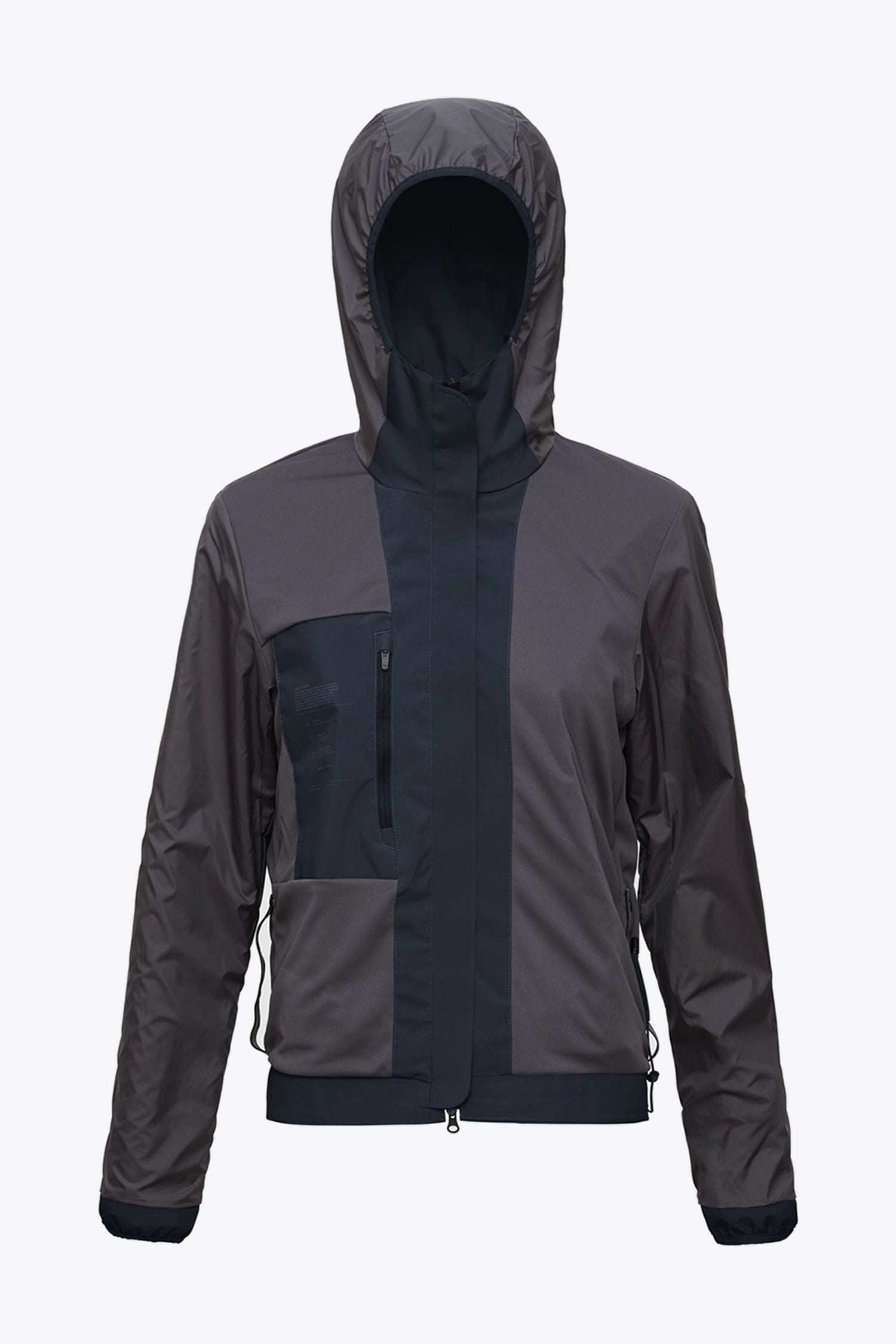 Veil II Midnight Jacket in dark gray with hood, features zipped pockets, lightweight windproof and waterproof design.