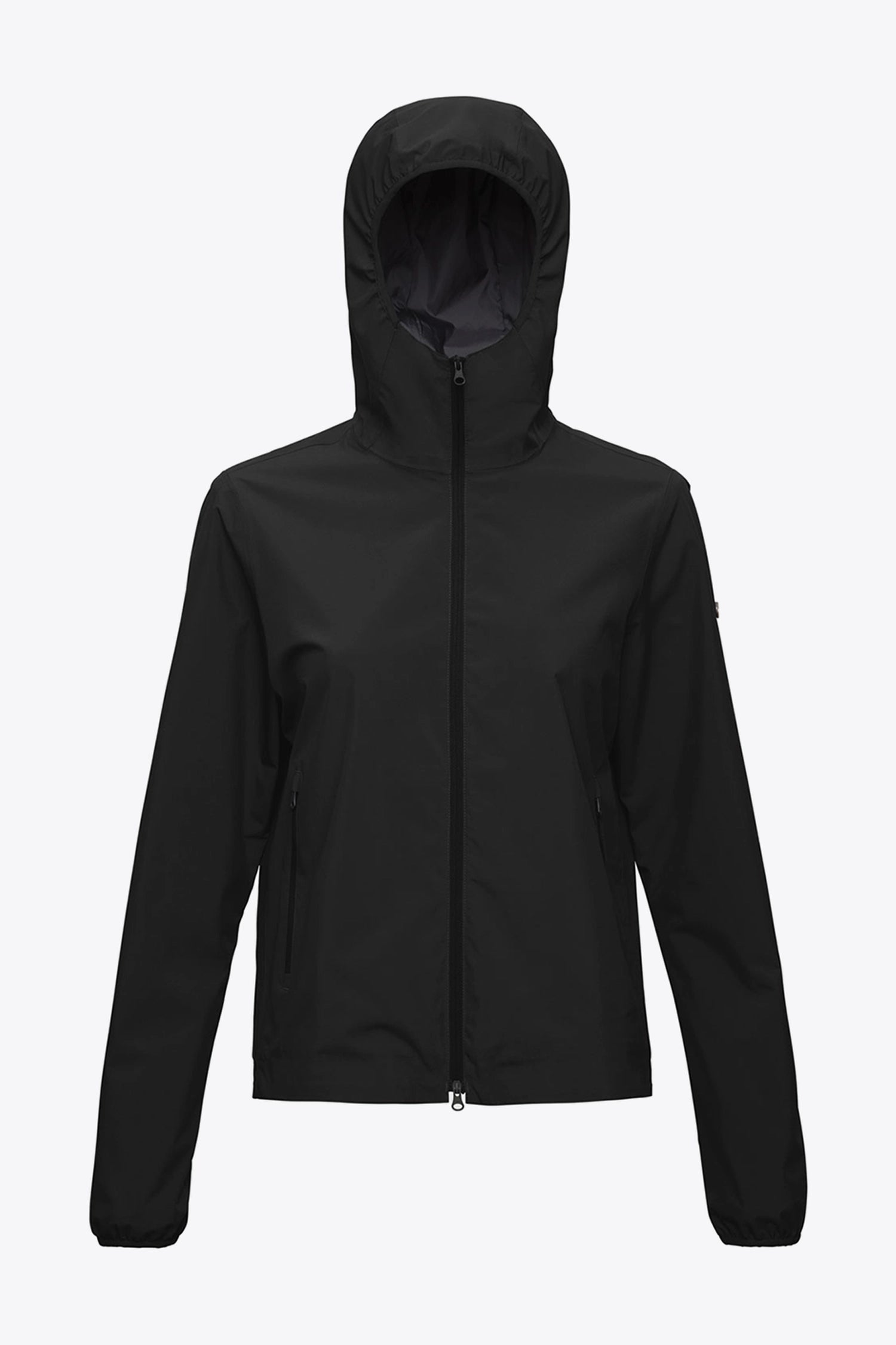 Veil II Onyx Jacket front view showcasing hooded design and waterproof features.
