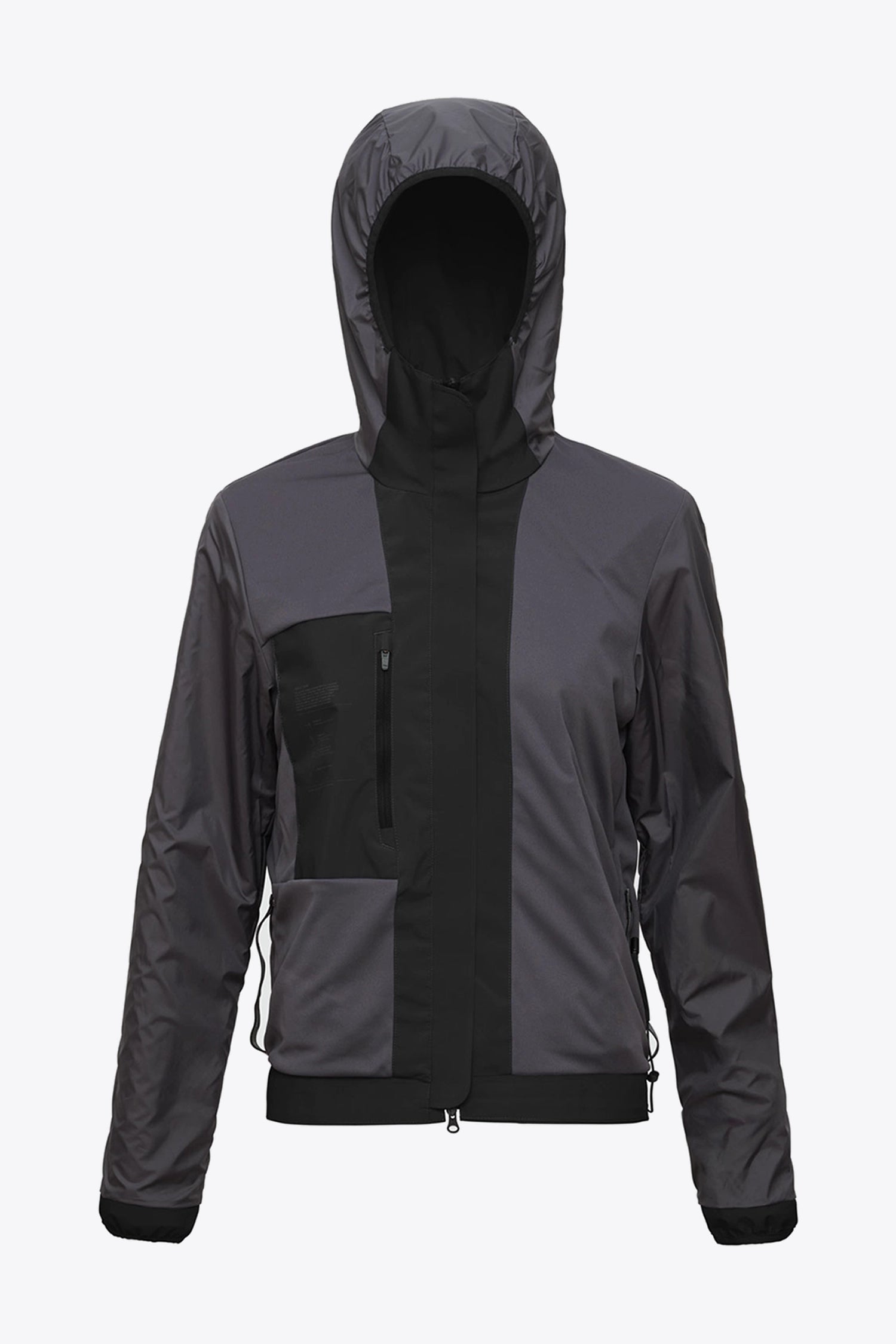 Veil II Onyx Jacket in black and gray, featuring a hood, zippered pockets, and lightweight waterproof design.
