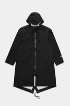Martins Parka Black Raincoat, a waterproof fishtail parka with adjustable hood and two-way zipper.