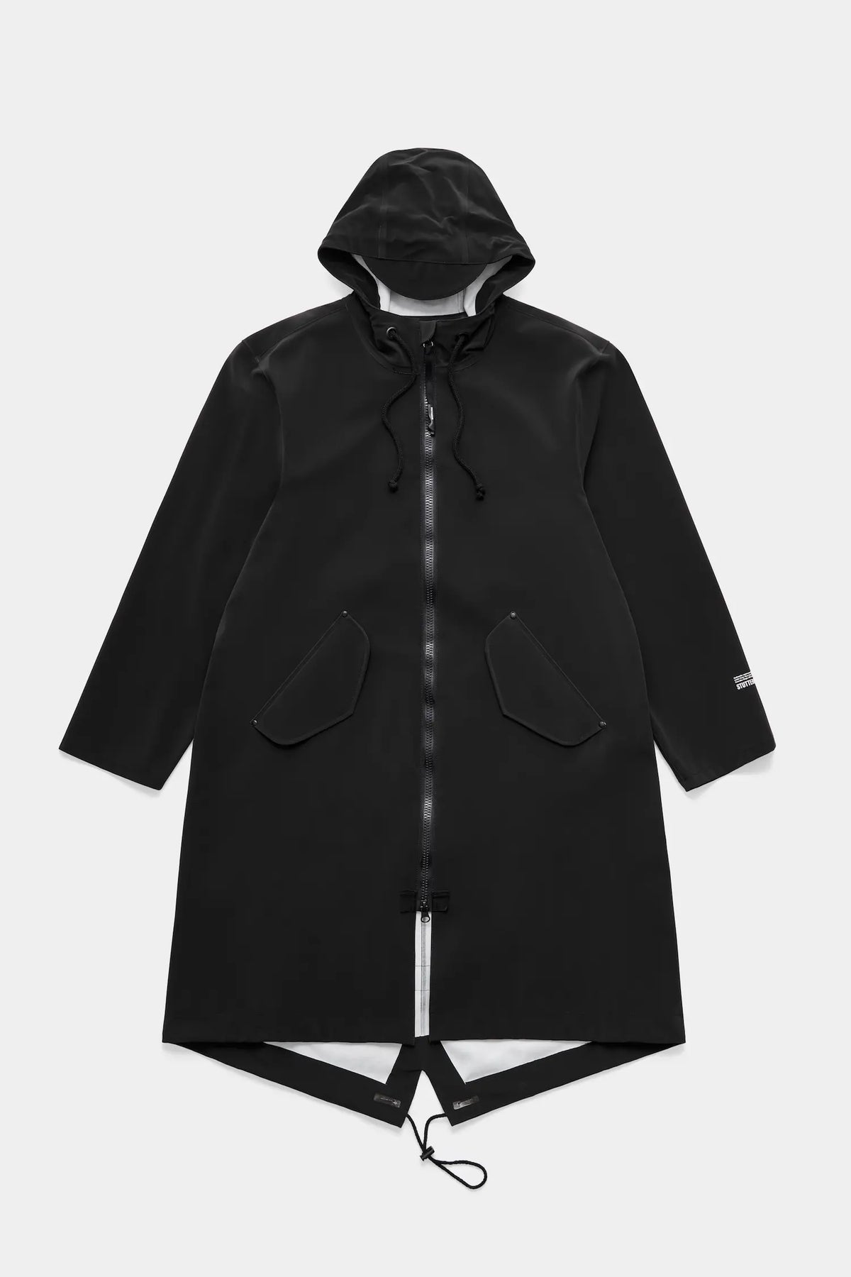 Martins Parka Black Raincoat, a waterproof fishtail parka with adjustable hood and two-way zipper.
