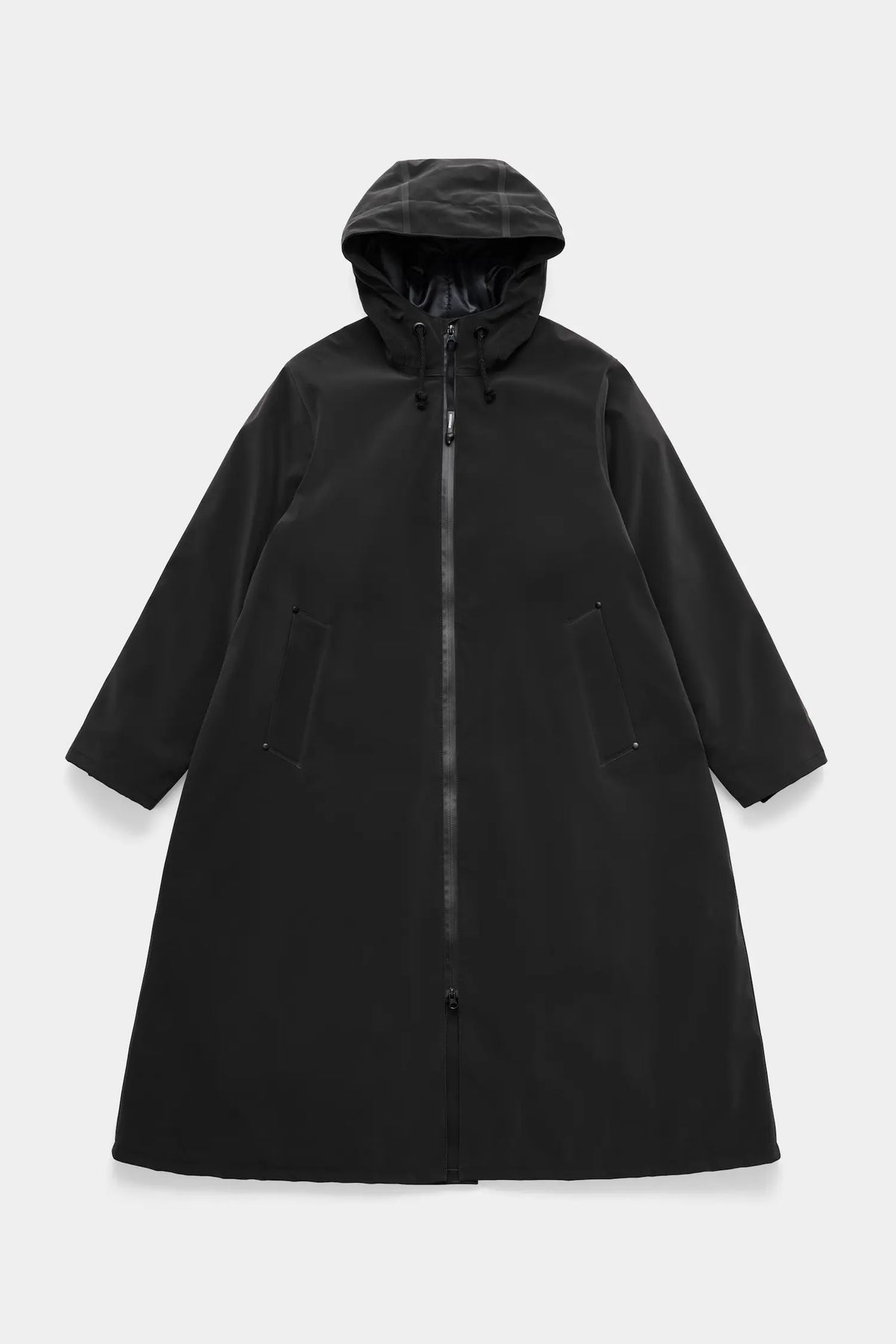 Mosebacke Long Matte Black Winter Coat with adjustable hood and A-line silhouette