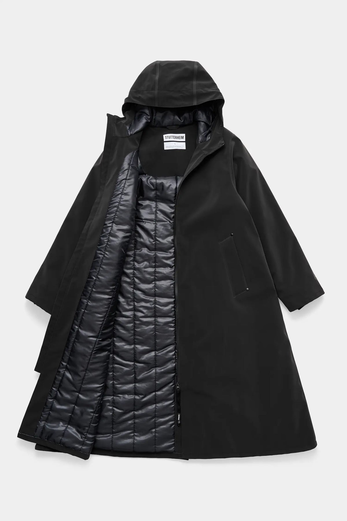 Mosebacke Long Matte Black Winter Coat showcasing a waterproof A-line silhouette with adjustable hood and two-way zipper.