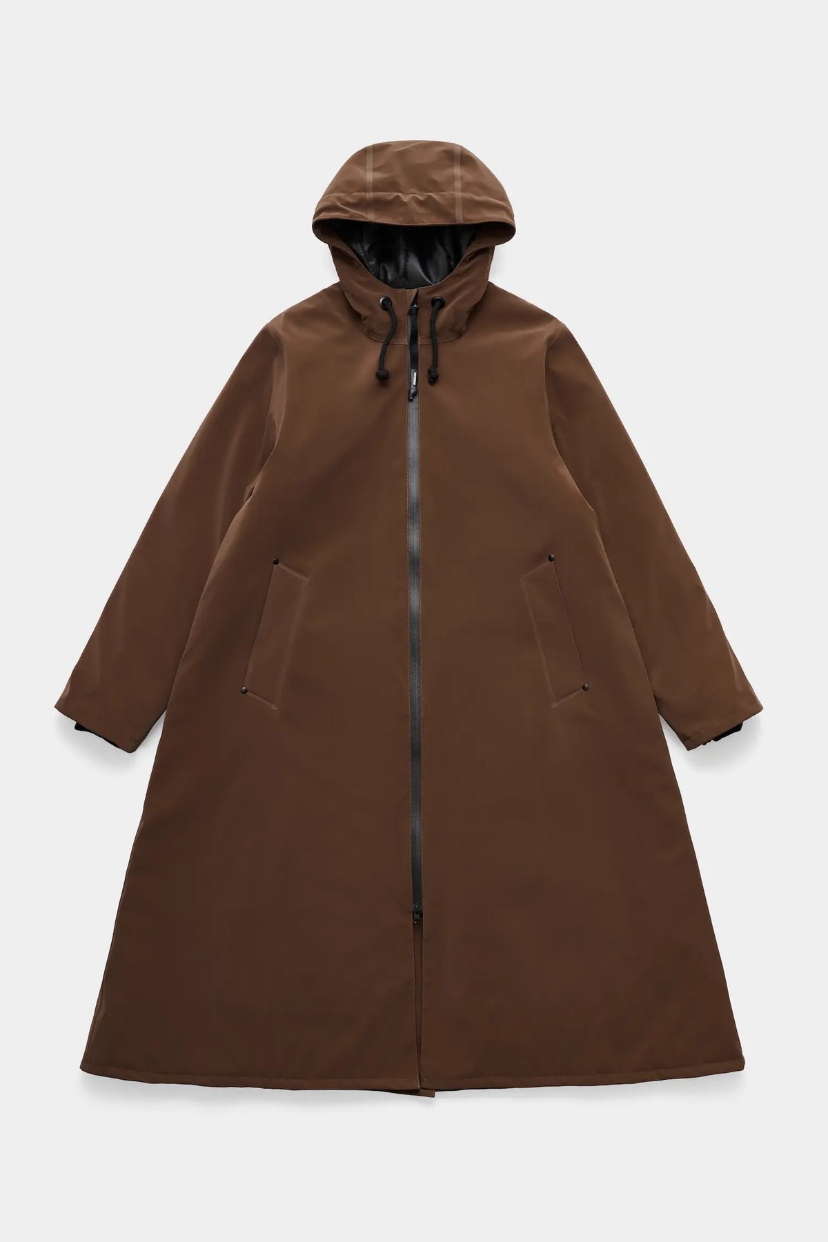 Mosebacke Long Matte Dark Brown Winter Coat featuring an A-line silhouette and adjustable hood.